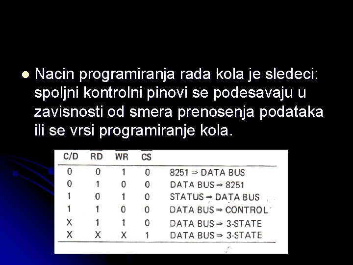 l Nacin programiranja rada kola je sledeci: spoljni kontrolni pinovi se podesavaju u zavisnosti