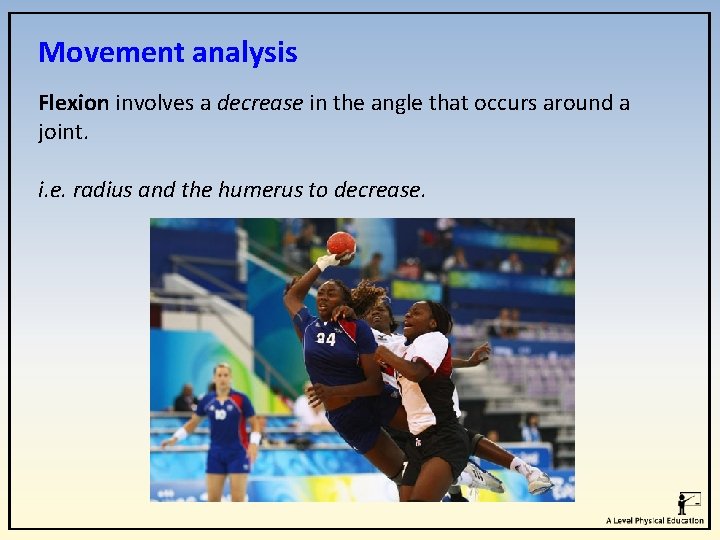 Movement analysis Flexion involves a decrease in the angle that occurs around a joint. Movement analysis Flexion involves a decrease in the angle that occurs around a joint.