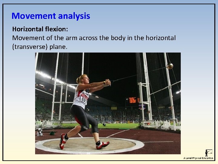 Movement analysis Horizontal flexion: Movement of the arm across the body in the horizontal Movement analysis Horizontal flexion: Movement of the arm across the body in the horizontal