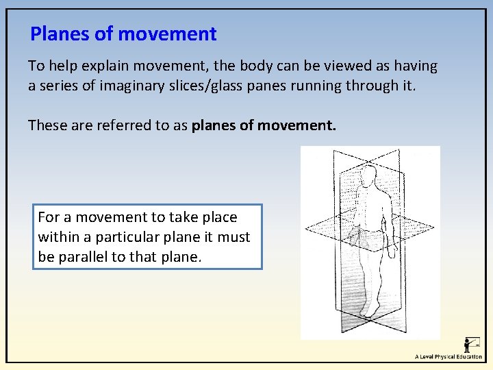 Planes of movement To help explain movement, the body can be viewed as having Planes of movement To help explain movement, the body can be viewed as having