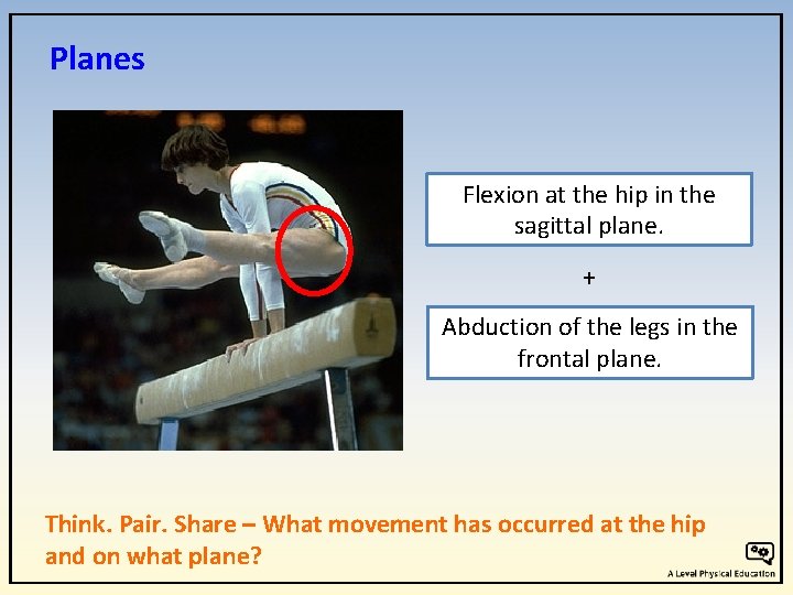 Planes Flexion at the hip in the sagittal plane. + Abduction of the legs Planes Flexion at the hip in the sagittal plane. + Abduction of the legs