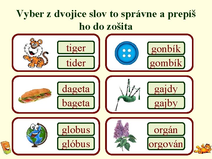 Vyber z dvojice slov to správne a prepíš ho do zošita tiger tider gonbík