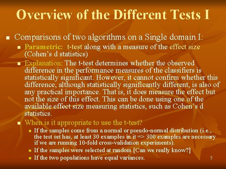 Overview of the Different Tests I n Comparisons of two algorithms on a Single