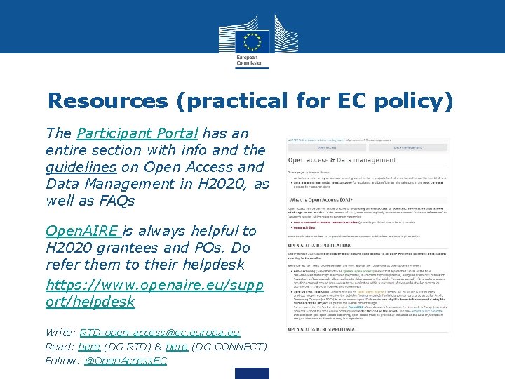 Resources (practical for EC policy) • The Participant Portal has an entire section with