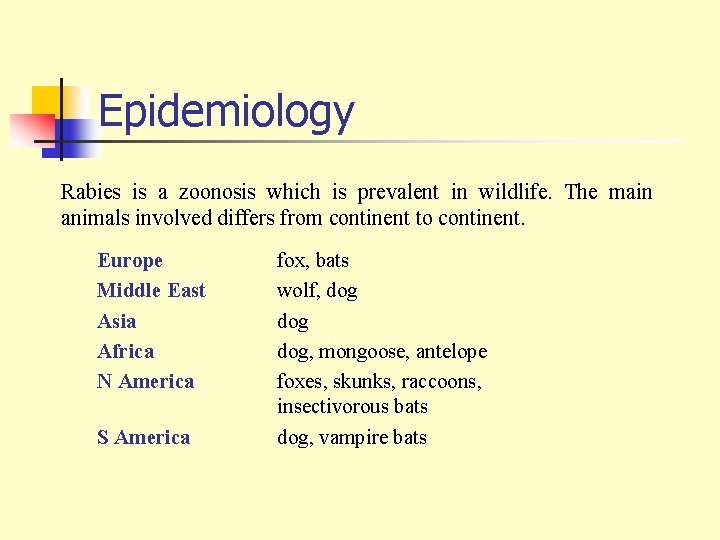 Epidemiology Rabies is a zoonosis which is prevalent in wildlife. The main animals involved