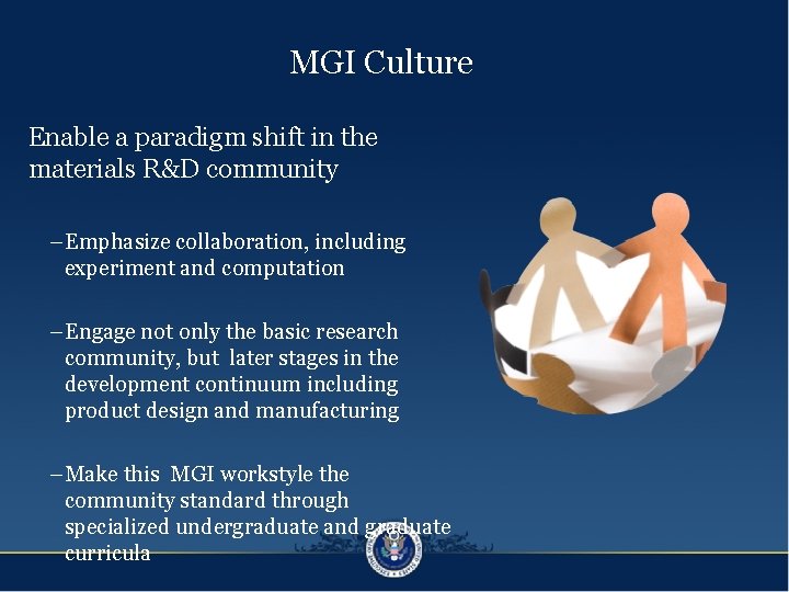 MGI Culture Enable a paradigm shift in the materials R&D community –Emphasize collaboration, including