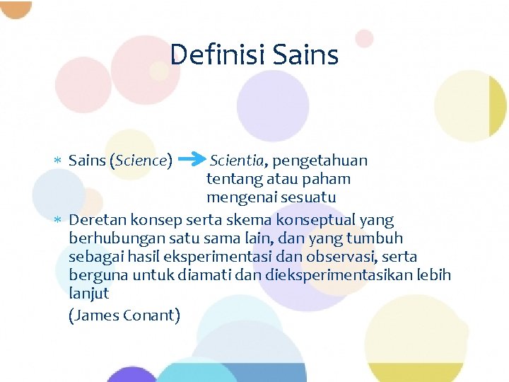 Definisi Sains (Science) Scientia, pengetahuan tentang atau paham mengenai sesuatu Deretan konsep serta skema