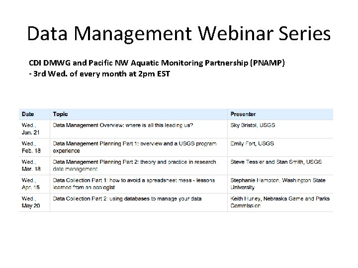 Data Management Webinar Series CDI DMWG and Pacific NW Aquatic Monitoring Partnership (PNAMP) -