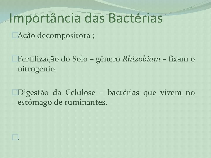 Importância das Bactérias �Ação decompositora ; �Fertilização do Solo – gênero Rhizobium – fixam