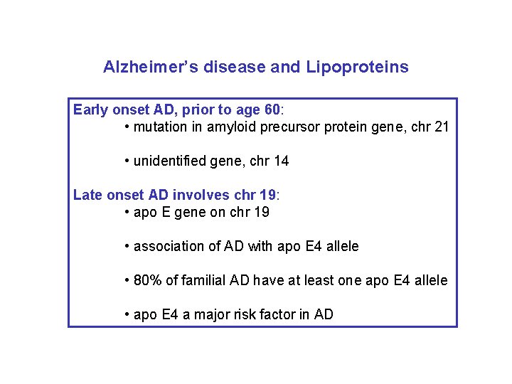 Alzheimer’s disease and Lipoproteins Early onset AD, prior to age 60: • mutation in