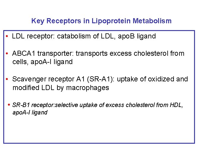 Key Receptors in Lipoprotein Metabolism • LDL receptor: catabolism of LDL, apo. B ligand