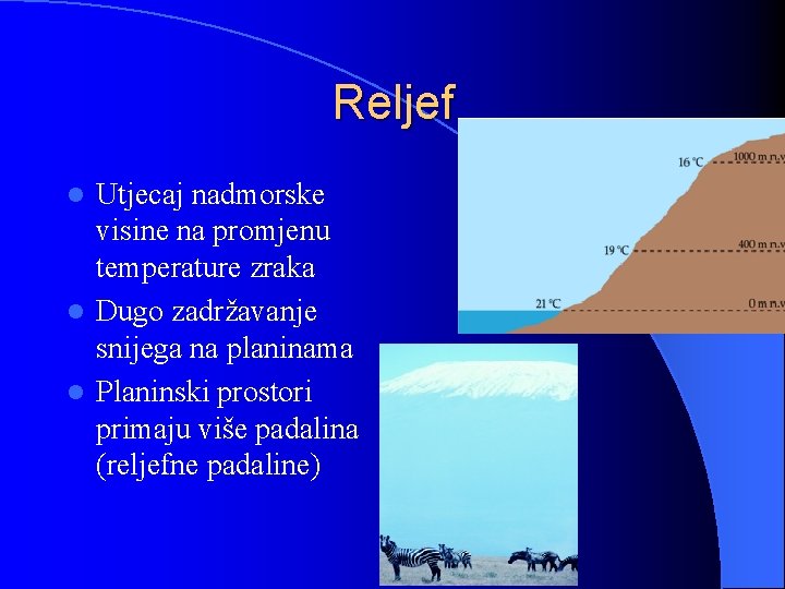 Reljef Utjecaj nadmorske visine na promjenu temperature zraka l Dugo zadržavanje snijega na planinama