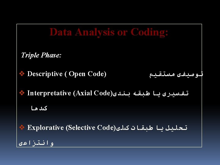 Data Analysis or Coding: Triple Phase: v Descriptive ( Open Code) ﺗﻮﺻﻴﻔی ﻣﺴﺘﻘﻴﻢ v Data Analysis or Coding: Triple Phase: v Descriptive ( Open Code) ﺗﻮﺻﻴﻔی ﻣﺴﺘﻘﻴﻢ v