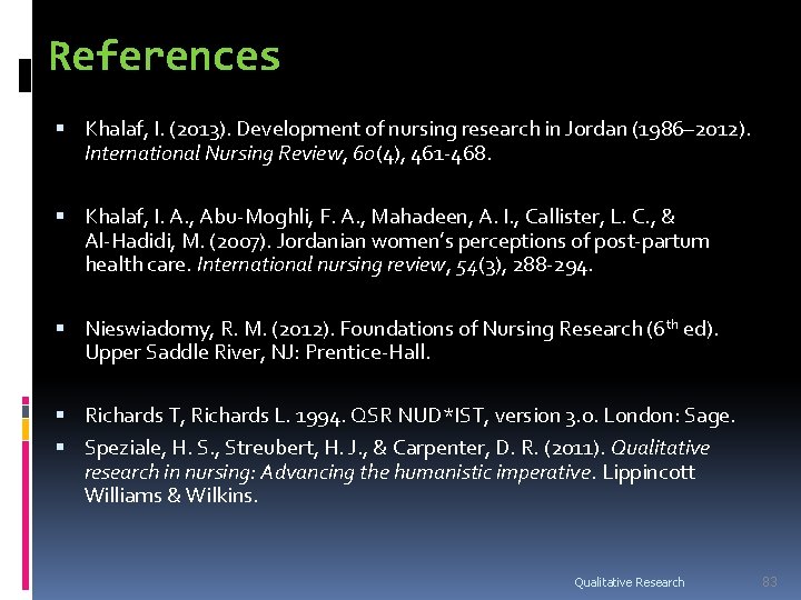 References Khalaf, I. (2013). Development of nursing research in Jordan (1986– 2012). International Nursing References Khalaf, I. (2013). Development of nursing research in Jordan (1986– 2012). International Nursing