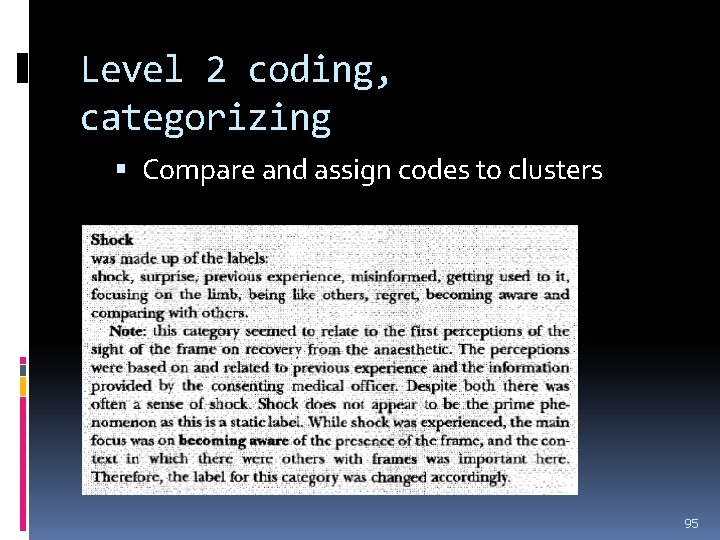 Level 2 coding, categorizing Compare and assign codes to clusters 95 Level 2 coding, categorizing Compare and assign codes to clusters 95
