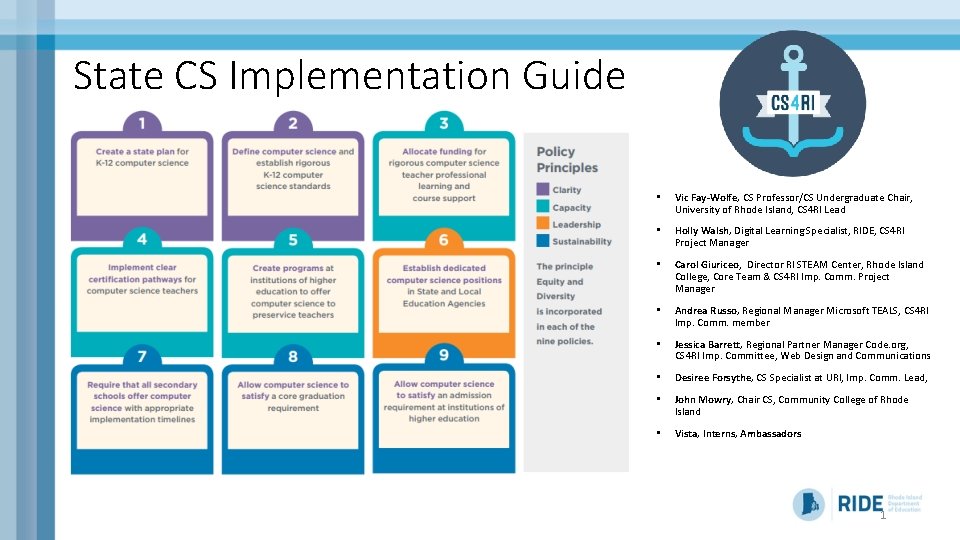 State CS Implementation Guide • Vic Fay-Wolfe, CS Professor/CS Undergraduate Chair, University of Rhode State CS Implementation Guide • Vic Fay-Wolfe, CS Professor/CS Undergraduate Chair, University of Rhode