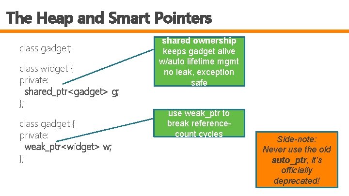 The Heap and Smart Pointers class gadget; class widget { private: shared_ptr<gadget> g; };