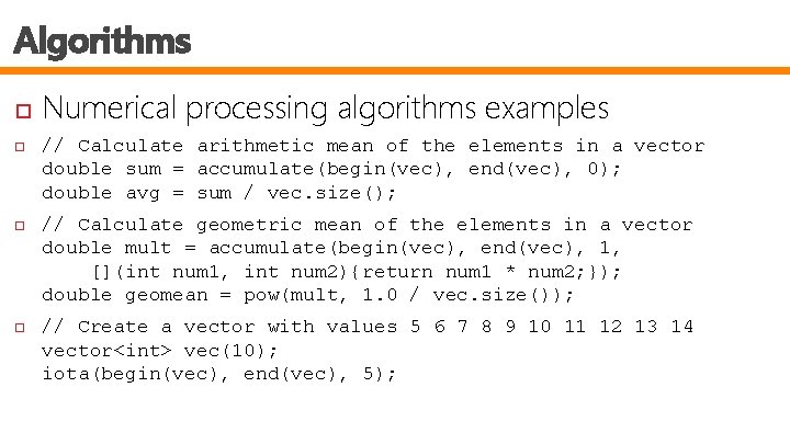 Algorithms Numerical processing algorithms examples // Calculate arithmetic mean of the elements in a