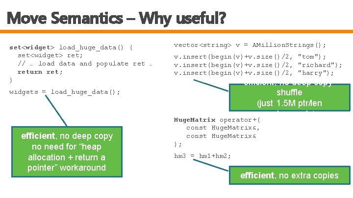 Move Semantics – Why useful? set<widget> load_huge_data() { set<widget> ret; // … load data