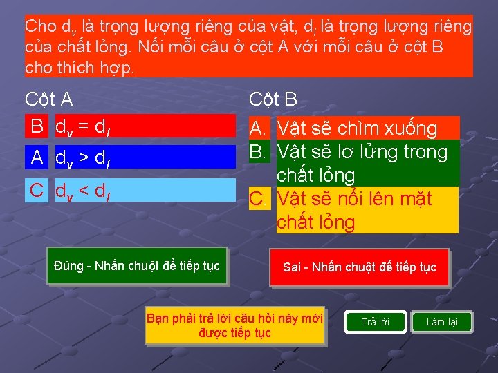 Cho dv là trọng lượng riêng của vật, dl là trọng lượng riêng của