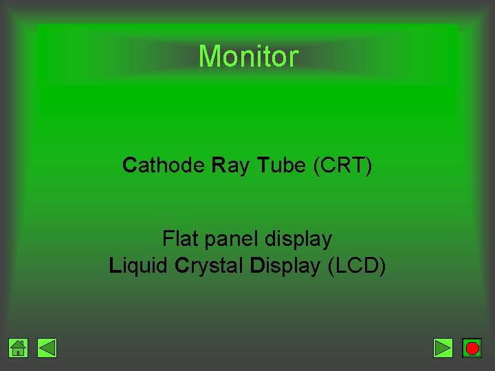 Monitor Cathode Ray Tube (CRT) Flat panel display Liquid Crystal Display (LCD) 
