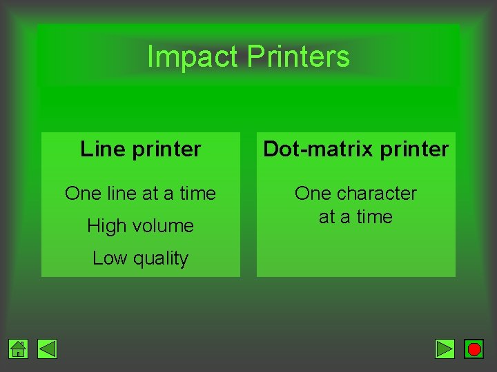 Impact Printers Line printer Dot-matrix printer One line at a time One character at