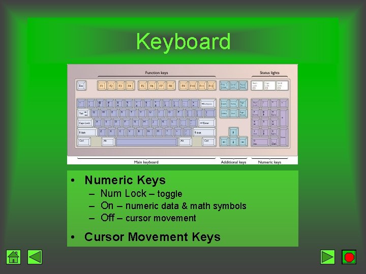 Keyboard • Numeric Keys – Num Lock – toggle – On – numeric data