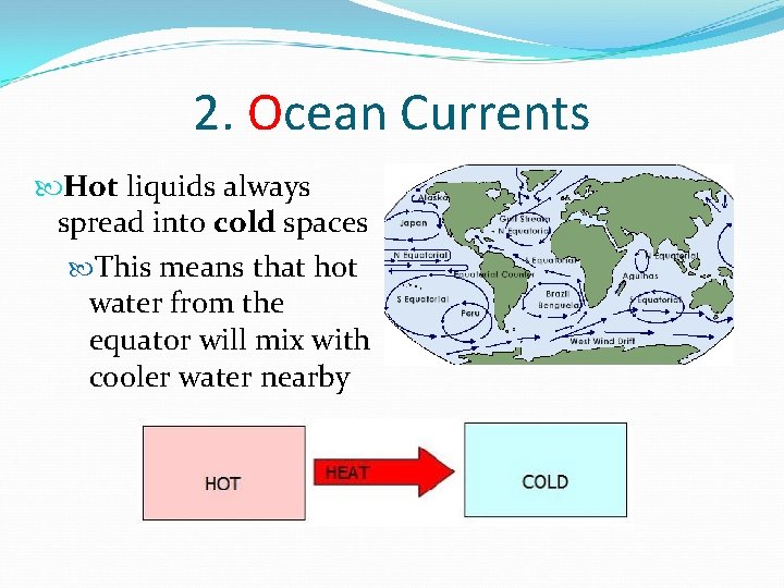 2. Ocean Currents Hot liquids always spread into cold spaces This means that hot 2. Ocean Currents Hot liquids always spread into cold spaces This means that hot
