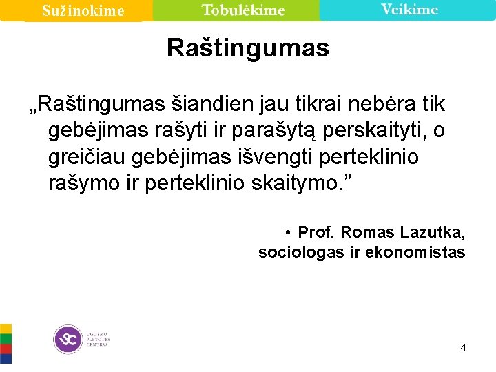 Sužinokime Raštingumas „Raštingumas šiandien jau tikrai nebėra tik gebėjimas rašyti ir parašytą perskaityti, o