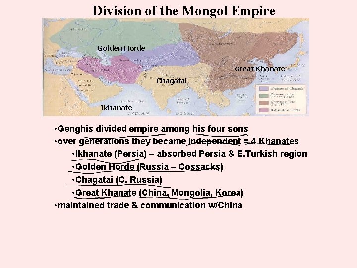 Division of the Mongol Empire Golden Horde Great Khanate Chagatai Ikhanate • Genghis divided