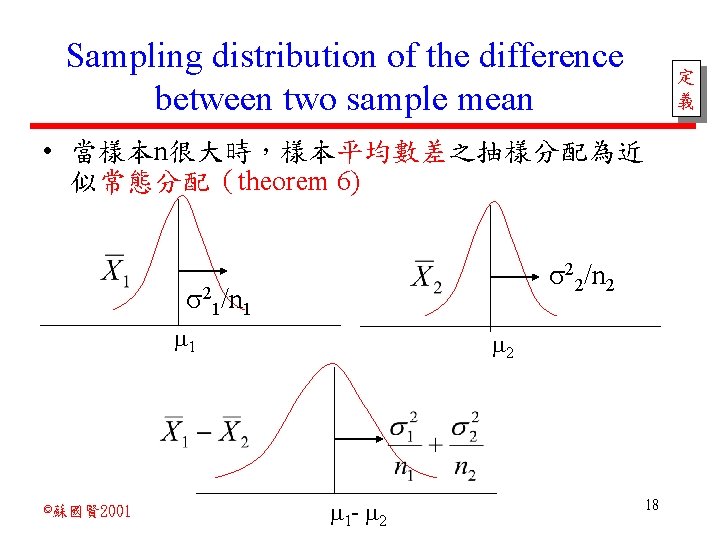 Sampling distribution of the difference between two sample mean 定 義 • 當樣本n很大時，樣本平均數差之抽樣分配為近 似常態分配（theorem