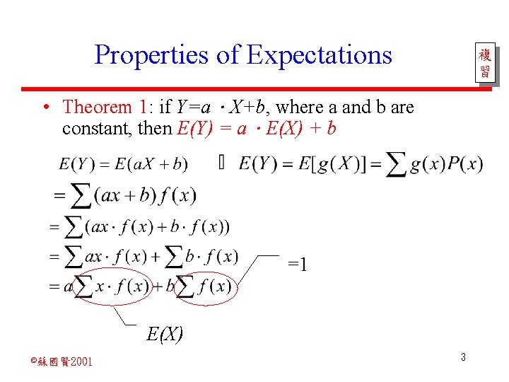 Properties of Expectations 複 習 • Theorem 1: if Y=a．X+b, where a and b