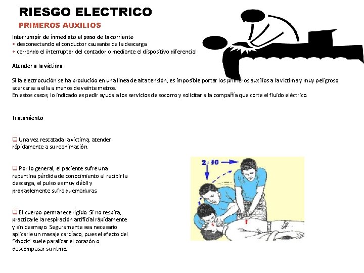 RIESGO ELECTRICO PRIMEROS AUXILIOS Interrumpir de inmediato el paso de la corriente • desconectando RIESGO ELECTRICO PRIMEROS AUXILIOS Interrumpir de inmediato el paso de la corriente • desconectando