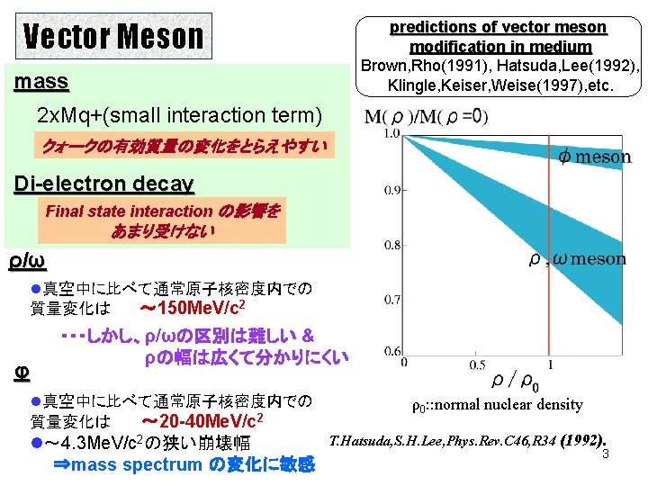Vector Meson predictions of vector meson modification in medium Brown, Rho(1991), Hatsuda, Lee(1992), Klingle,