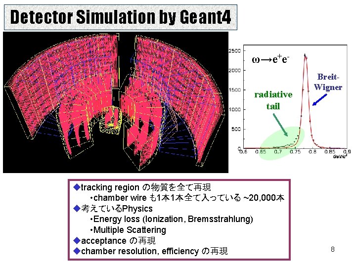 Detector Simulation by Geant 4 ω→e+eradiative tail utracking region の物質を全て再現 • chamber wire も1本