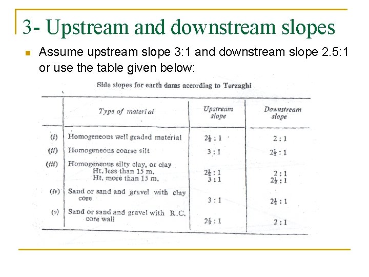 3 - Upstream and downstream slopes n Assume upstream slope 3: 1 and downstream