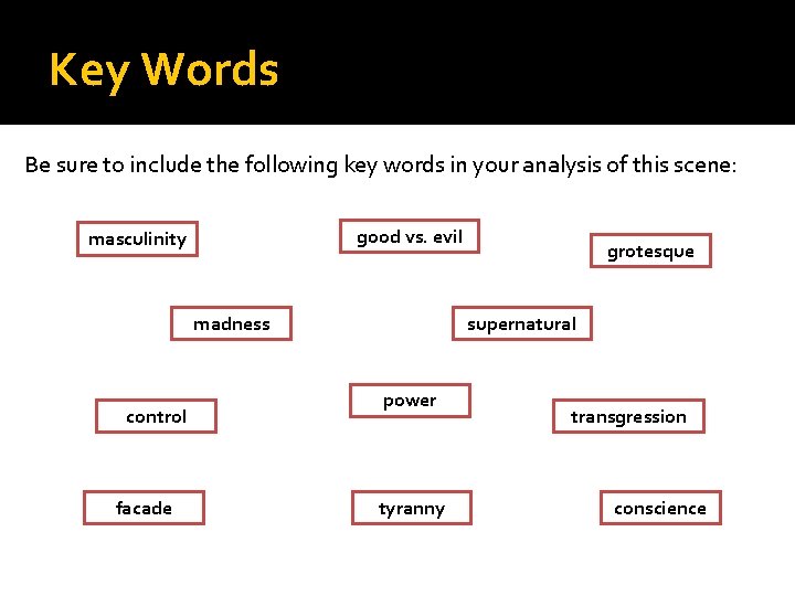 Key Words Be sure to include the following key words in your analysis of