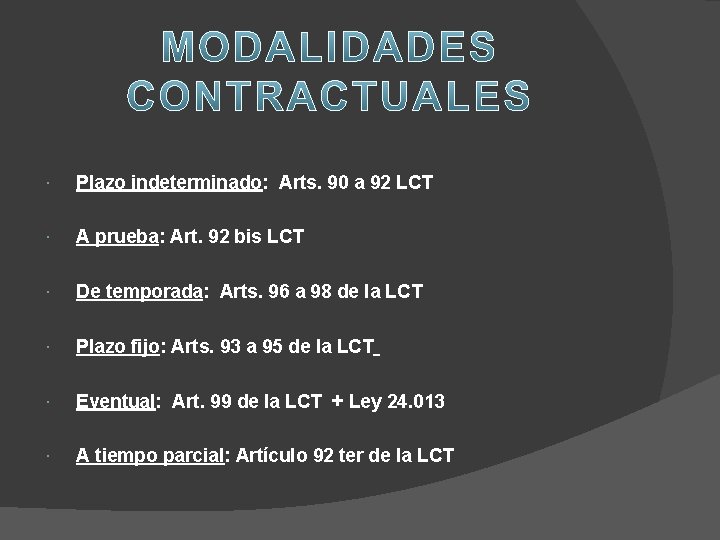 Plazo indeterminado: Arts. 90 a 92 LCT A prueba: Art. 92 bis LCT Plazo indeterminado: Arts. 90 a 92 LCT A prueba: Art. 92 bis LCT
