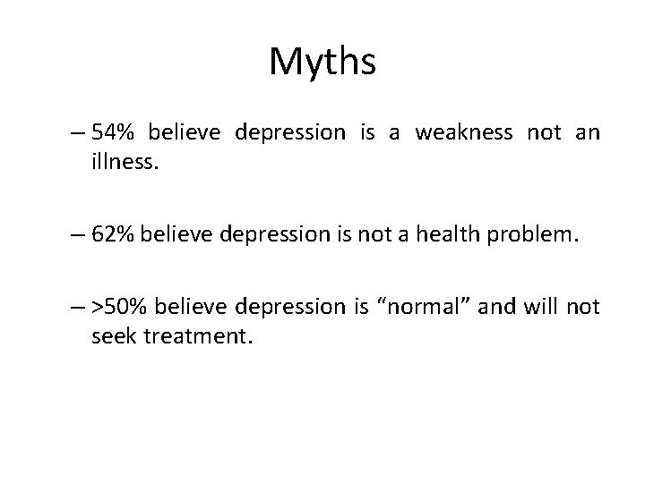 Myths – 54% believe depression is a weakness not an illness. – 62% believe