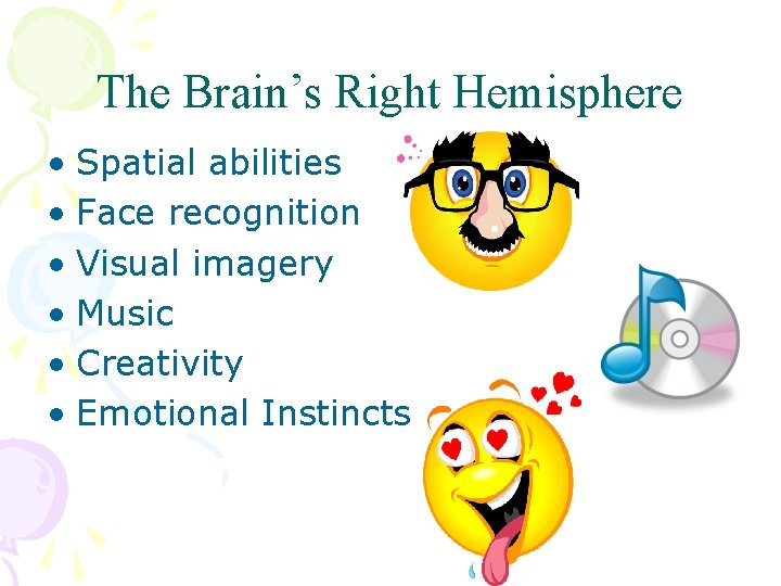 The Brain’s Right Hemisphere • Spatial abilities • Face recognition • Visual imagery •