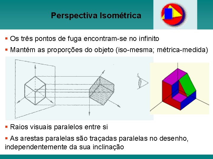 Perspectiva Isométrica § Os três pontos de fuga encontram-se no infinito § Mantém as