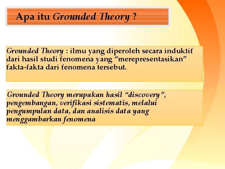 Apa itu Grounded Theory ? Grounded Theory : ilmu yang diperoleh secara induktif dari