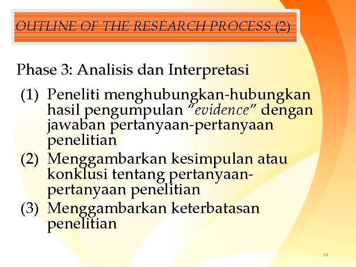 OUTLINE OF THE RESEARCH PROCESS (2) Phase 3: Analisis dan Interpretasi (1) Peneliti menghubungkan-hubungkan