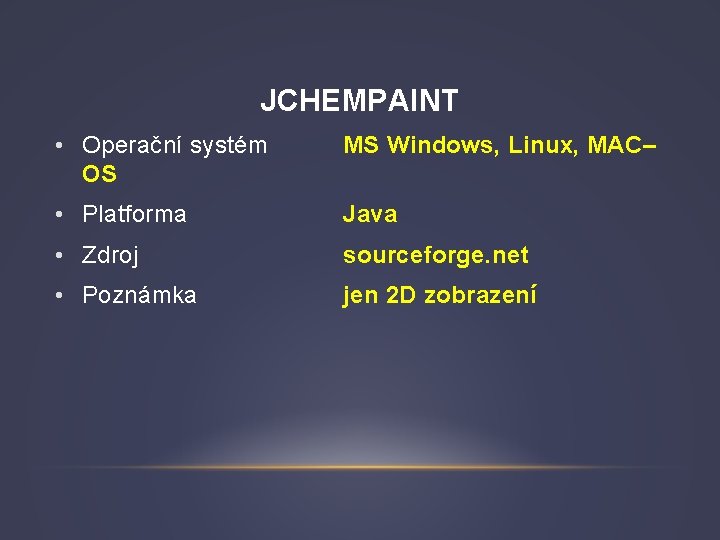 JCHEMPAINT • Operační systém OS MS Windows, Linux, MAC– • Platforma Java • Zdroj