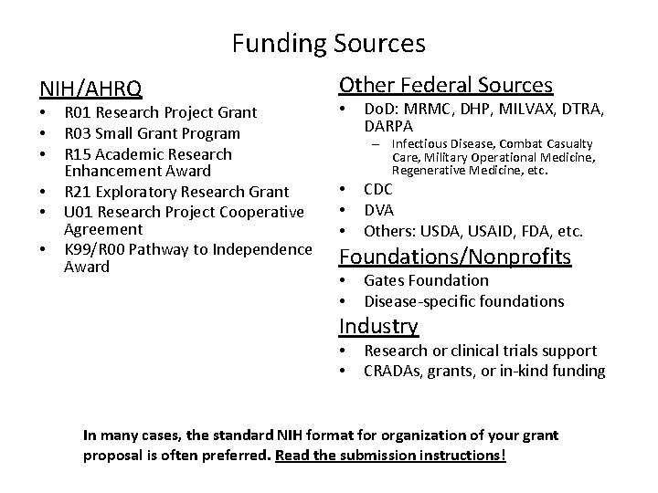 Funding Sources NIH/AHRQ • • • R 01 Research Project Grant R 03 Small