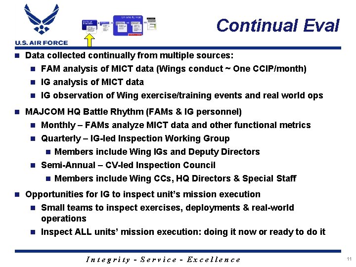 Continual Eval n Data collected continually from multiple sources: FAM analysis of MICT data