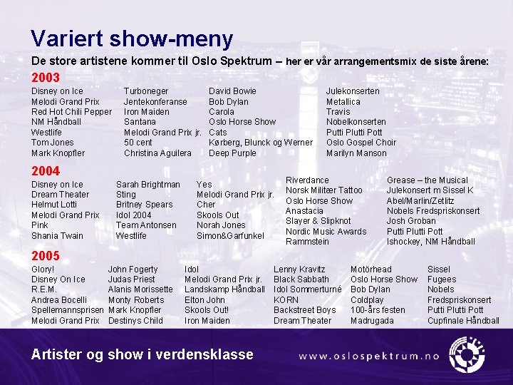 Variert show-meny De store artistene kommer til Oslo Spektrum – her er vår arrangementsmix