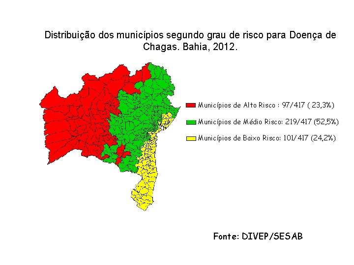 Distribuição dos municípios segundo grau de risco para Doença de Chagas. Bahia, 2012. Municípios