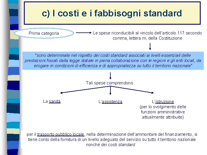 c) I costi e i fabbisogni standard Prima categoria Le spese riconducibili al vincolo