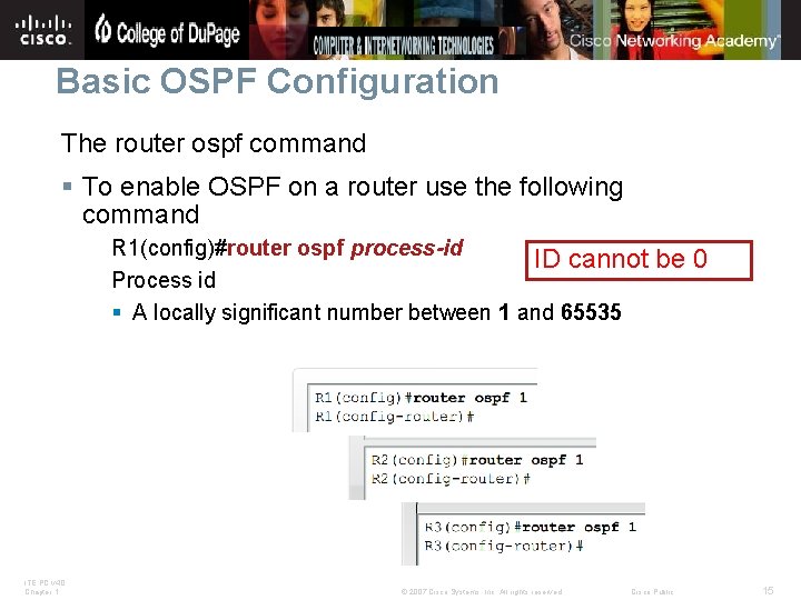 Basic OSPF Configuration The router ospf command § To enable OSPF on a router